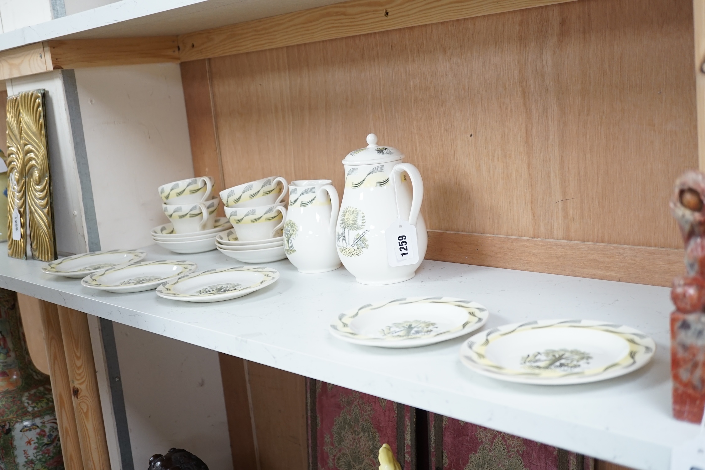 Eric Ravilious for Wedgwood, a Garden pattern teaset together with two Enoch Wedgewood cups and a dish. Condition - fair to good